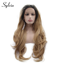 Peluca de cabello sintético con malla frontal para mujer, pelo largo de fibra resistente al calor, con raíces oscuras, ondulado, parte media 2024 - compra barato