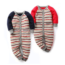 Зимний трикотажный свитер для новорожденных мальчиков и девочек, плотная одежда для скалолазания, жаккардовая верхняя одежда в полоску, Комбинезоны 2024 - купить недорого