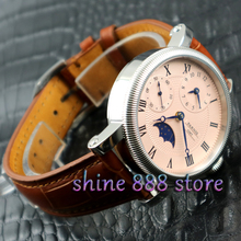 Parnis 42mm Luxury Pink Dial Hand Winding Mens WristWatch Moon Phase GMT Relojes Brown Leather Strap 2024 - buy cheap