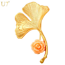 U7 Vintage Leaf Women Brooches Wholesale Mens Gold Color Lucky Jewelry New Trendy Pink Flower Pin Ginkgo Brooches B102 2024 - buy cheap