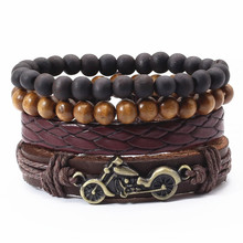 Black Brown Leather Bronze Motorcycle Green Leaf Feather Guitar Charm Wood Beads Men Bracelets For Women Homme  Male Jewelry 2024 - buy cheap