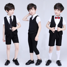 Conjunto de ropa Formal para niños, traje de chaleco negro para fiesta de boda, traje de Coro, camisas, pantalones cortos, trajes con pajarita 2024 - compra barato