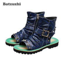 Sandália masculina de couro estilo punk com rebites, sandália de dedo aberto no tornozelo, sandália azul masculina gladiadora, verão, 2021 2024 - compre barato