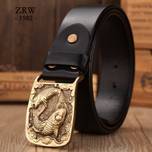 2020 casual west belt buckle for men full grain leather belts mens high quality girdle size 120 cm jeans luxury solid brass carp 2024 - buy cheap