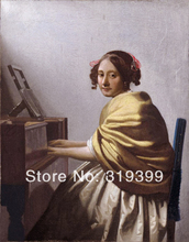 Johnes-pintura al óleo Vermeer 100%, hecho a mano lienzo de lino, reproducción de pintura al óleo de una mujer sentada en los virginales, DHL gratis 2024 - compra barato