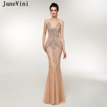 JaneVini Luxury Beading Tulle Long Bridesmaid Dresses 2018 Sexy Mermaid Illusion Back Floor Length Pageant Prom Gowns Damigelle 2024 - buy cheap