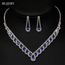 BLIJERY Charm Royal Blue Crystal Bridal Jewelry Sets Rhinestone Statement Choker Necklace Earrings Women Wedding Jewelry Sets 2024 - buy cheap