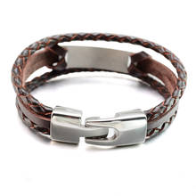 8MM Men's Black Brown Hand Made Braided Genuine Leather Bangle with Stainless Steel Clasp 2024 - buy cheap