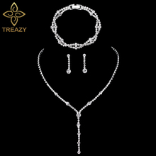 TREAZY Bling Simple Rhinestone Crystal Bridal Jewelry Sets Long Drop Necklace Earrings Bracelet Wedding Jewelry Sets for Women 2024 - buy cheap