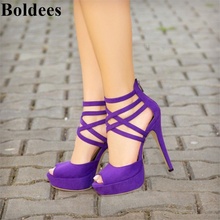 Suede Leather Purple Summer Thin Heels Women Beautiful Cross Straps Platform Peep Toe High Heel Sandals 2024 - buy cheap