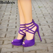 Sandalias de tacón fino y piel de ante para mujer, zapatos de tacón fino, color morado, con tiras cruzadas, plataforma, Punta abierta 2024 - compra barato