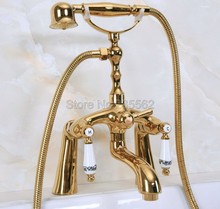 Golden Brass Bathroom Deck Mounted Clawfoot Tub Faucet Hand Held Shower lna134 2024 - buy cheap