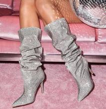 Moraima-botas com salto alto femininas, enfeitado com cristal prata e strass, stiletto ponta fina, botas altas 2024 - compre barato
