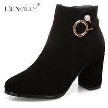 Lsewilly Winter Ankle Boots Fashion Women Shoes Zipper Square High Heel Pointed Toe Flock Women Shoes Big Size 33-52 E128 2024 - buy cheap