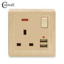 Coswall-Toma de corriente de pared 13A, enchufe estándar UK, 2.1A, doble puerto USB, Cargador rápido, indicador LED, Panel cepillado dorado 2024 - compra barato