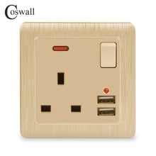 Coswall Wall Power Socket 13A UK Standard Switched Outlet 2.1A Dual USB Fast Charger Port LED indicator Gold Brushed Panel 2024 - buy cheap