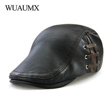 Wuaumx High Quality Autumn Winter PU Leather Beret Hats For Men Faux Leather Beret Hat With Ring Men's Visor Flat Cap Wholesale 2024 - buy cheap