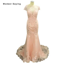 Sexy See Through Blush Pink Mermaid Lace Beaded Short Sleeve Evening Dresses 2017 Long Formal Party Prom Gowns Abendkleid BE105 2024 - buy cheap