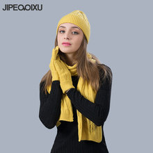 Warm Women Scarf Hat Glove Sets Winter Fashion Knitted Hat Beanies For Ladies Girls Thicker Hat Sets Yellow Black 2024 - buy cheap