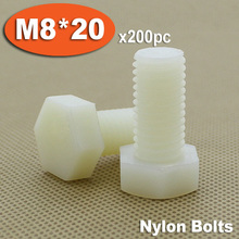 200 piezas DIN933 M8 x 20 completamente roscado de plástico blanco Nylon pernos hexagonal perno de cabeza hexagonal tornillo de tornillos de fijación 2024 - compra barato