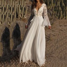 Sexy Deep V White Long Dress Elegant Women Boho Floral Mesh See Through Flare Sleeve Summer Lace Up Pleated Beach Maxi Dresses 2024 - buy cheap