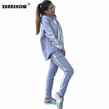 Xuanshow roupa de treino feminina, de algodão, casual, com zíper, corte irregular, com capuz, calça longa, duas peças 2024 - compre barato