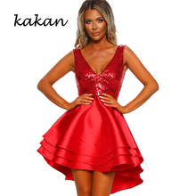 Kakan-Vestido corto sexi de lentejuelas para mujer, vestido largo rojo y azul con cuello de pico para fiesta y primavera 2019 2024 - compra barato