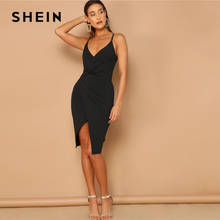 Сексуальное черное облегающее платье SHEIN с разрезом спереди и открытой спиной, летнее платье-миди на бретелях, женские облегающие Клубные платья-футляры с V-образным вырезом 2024 - купить недорого