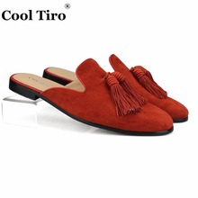 Cool Tiro Caramel Suede Mules Men's Slippers Tassels Handmade Shoes Slip-On Flats Casual Shoes Genuine Leather Indoor outdoor 2024 - buy cheap