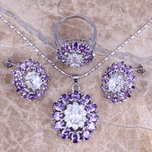 Superb Purple Cubic Zirconia Silver Plated Jewelry Sets Earrings Pendant Ring Size 6 / 7 / 8 / 9 / 10 Free Gift Bag S0427 2024 - buy cheap