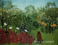 Paisagem moderna pintura Henri Rousseau Floresta Tropical com Macacos e Cobra de Alta qualidade pintados à Mão 2024 - compre barato