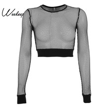 Weekeep Sexy Black Hollow Out Bodycon t shirt Women Long Sleeve Perspective Patchwork Cropped t shirt 2018 Streetwear Crop Top 2024 - buy cheap