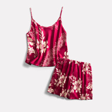 Conjunto de pijama feminino sexy, pijama de alça espaguete, pijama estampado floral, de seda 2024 - compre barato