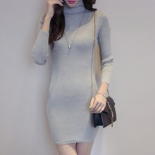 Vestido feminino de algodão com gola alta, pulôver de tricô gola alta e cor sólida, moda outono e inverno 2024 - compre barato