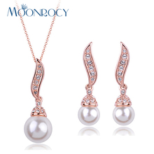 MOONROCY Rose Gold Color Silver Color Free Shipping Fashion CZ Imitation Pearl Crystal Necklace Earrings Jewelry Set for Women 2024 - buy cheap