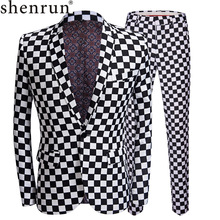 SHENRUN Fashion Suit Men Black White Plaid Print 2 Pieces Set Latest Coat Pant Designs Wedding  Stage Singer Slim Fit Costume 2024 - buy cheap