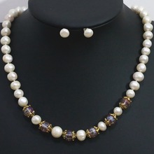 Conjunto de collar y pendientes de perlas redondas de agua dulce para mujer, joyería elegante, espaciador de cristal, blanco natural, 9-10mm, gran oferta, B1424 2024 - compra barato