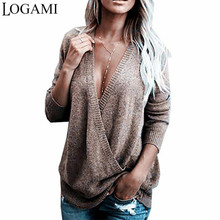 LOGAMI Deep V Neck Sexy Pullovers Women Autumn Winter Casual Fashion Sweater Female Knitted Jumpers 2024 - buy cheap