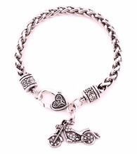 antique sliver plated  MOTORCYCLE  pendant charm bracelet wheat chain 2024 - buy cheap