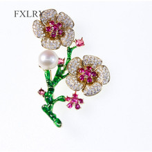 Fxlry broches de flores duplas, lindos e românticos com pedras brancas, acessórios para suéter, espelhados 2024 - compre barato