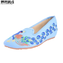 New Embroidery Women Shoes Elegant Pointed Toe Chinese Old Beijing Canvas Peacock Embroidered Single Dance Ballet Shoes 2024 - buy cheap