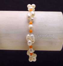 Small 5-6mm White Rice Natural freshwater pearl and 3-4mm Orange Coral 7.5'' Bracelet-bra340 Free shipping Wholesale/retail 2024 - buy cheap