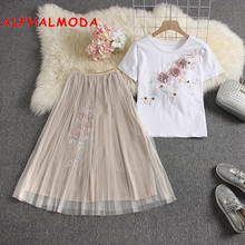 ALPHALMODA 2019 Summer 3D Floral Appliques Tshirts + A-line Flower Skirts 2pcs Fashion Suit Women Sweet Heavy-work Skirt Set 2024 - buy cheap