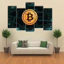 Pintura de impressão em hd, imagens modulares, 5 painéis, símbolo da moeda, moldura de bitcoin, poster da arte da parede, decoração moderna para casa, sala de estar 2024 - compre barato