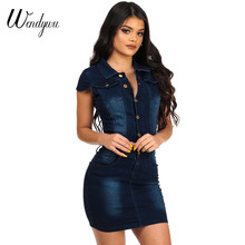 Облегающее мини-платье Wendywu, с отложным воротником, коротким рукавом, темно-синие джинсы на кнопках 2024 - купить недорого