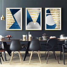 Pintura al óleo abstracta moderna para decoración de sala de estar, lienzo de montaña geométrica, imagen artística de pared, azul, dorado y luna 2024 - compra barato