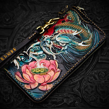 Handmade carving Fish Loong Women Wallets Card Holder Purses Men Long Clutch Vegetable Tanned Leather New Year Gift 2024 - buy cheap