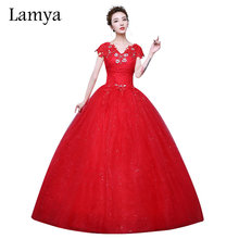 Lamya marca 2019 novo customizável cristal vermelho v pescoço laço bola vestido de casamento vestido de noiva moda vestidos de noiva baratos vestido de noite 2024 - compre barato