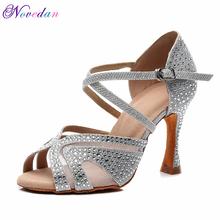 Latin Dance Shoes Women Rhinestone Glitter Salsa Ballroom Sandals Party Dancing Shoes High Heels 9cm Silver White 2024 - buy cheap