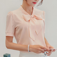 2019 verão estilo coreano das mulheres de manga curta t camisa feminina chiffon arco-nó cor sólida senhoras camisas brancas plus size 2024 - compre barato